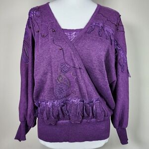 MARC DARCY Linen Sweater‎ Womens Large Purple Fringe Embroidery Beaded Luxury